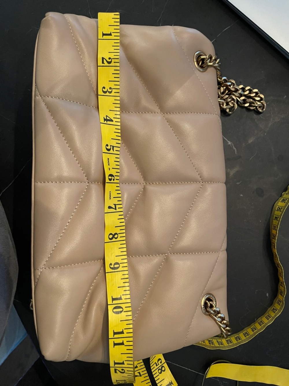 Quilted Shoulder Bag with Gold Chain Strap - Taupe - Picture 7 of 9